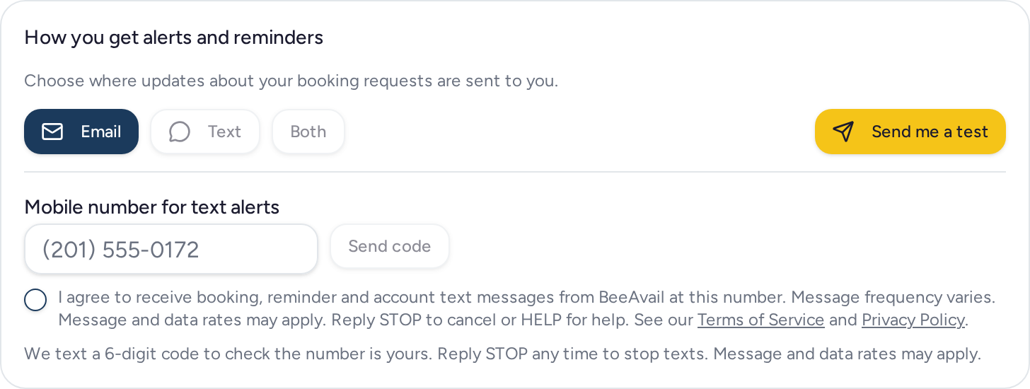1. The alert settings panel as it first appears. The consent box is unchecked by default and the Send code button is disabled.