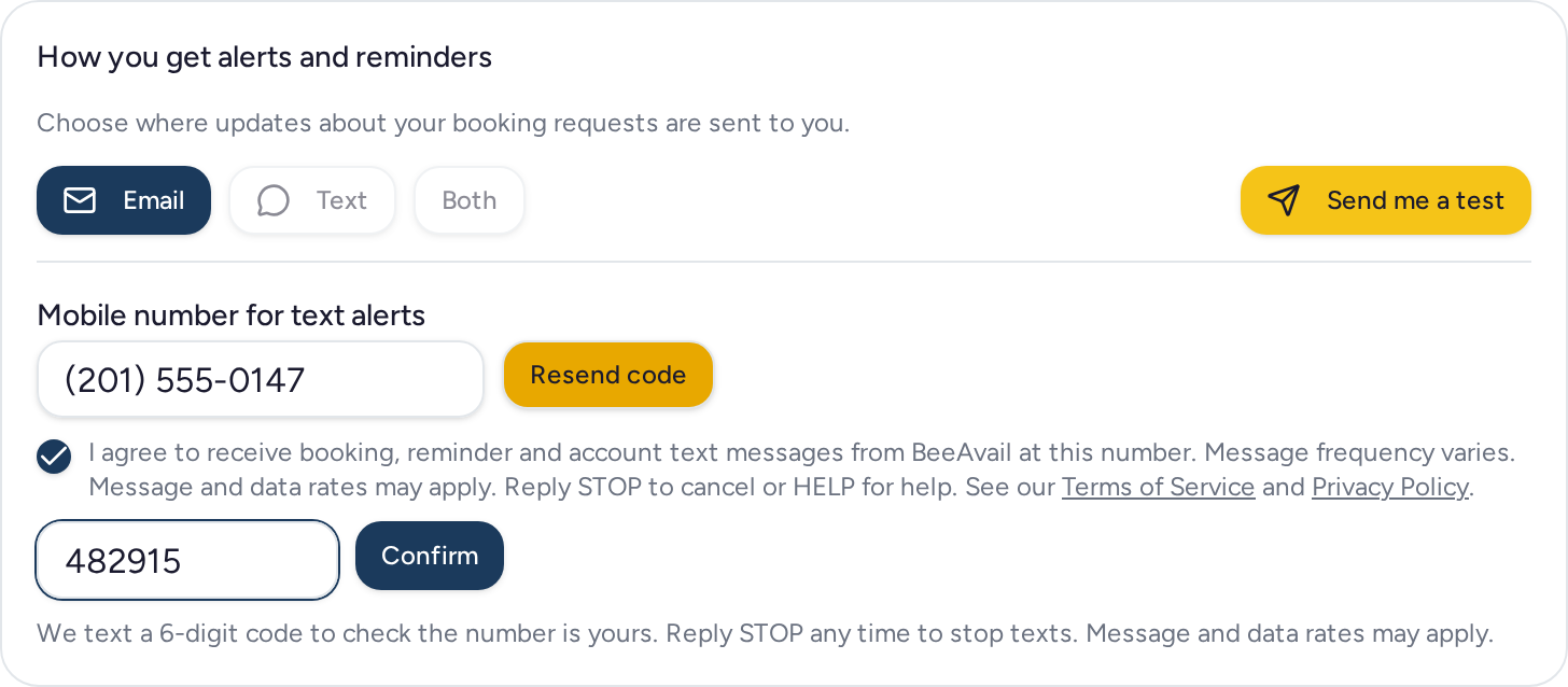 3. BeeAvail texts a 6-digit code. Text alerts only begin after the person enters that code and presses Confirm.