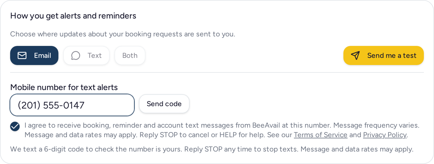 2. After the person enters their own mobile number and actively ticks the consent box, the Send code button becomes available.